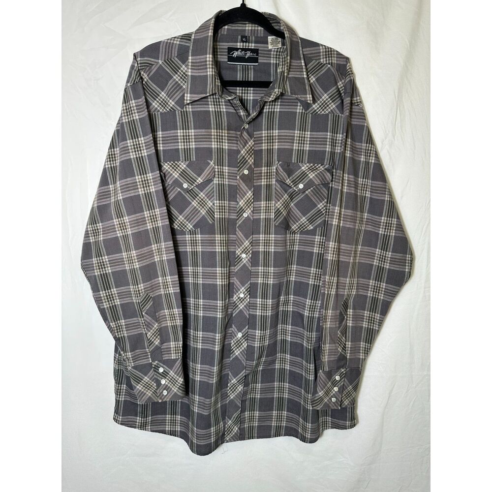 White Horse Men's Western Yoke Gray Plaid Pearl Snap Button Down Shirt Size XL